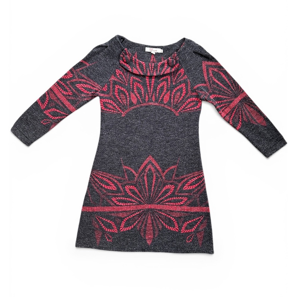 Aryeh Mandala Knit Tunic Dress Wmn Size Small Gray Red Good Cowl Neck 3/4 Sleeve